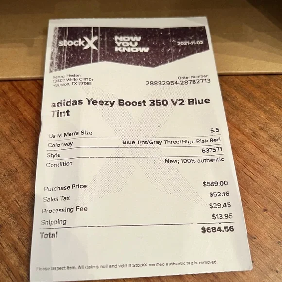 Receipt Yeezy Blue Tint Adidas Yeezy Boost 350 V2 Blue Tint